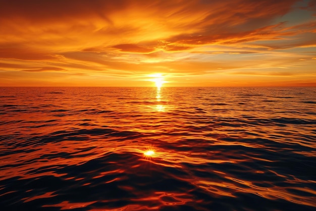 Foto la foto cattura un bellissimo tramonto che evidenzia i colori ricchi riflessi sul sereno corpo d'acqua un tramonto di fuoco su un vasto oceano calmo generato dall'ia
