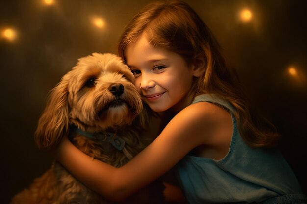 The photo captures the dog's excitement as he is hugged by a girl wearing summer clothes