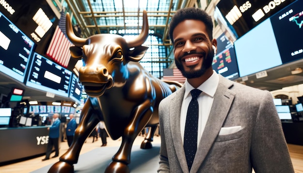 Photo capturing an AfricanAmerican trader exuding joy and success in the heart of a lively stock exchange In the backdrop a prominent bull statue