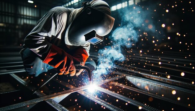 Photo capturing the art of welding at a construction site A skilled worker shielded by a welding helmet melds metal pieces together