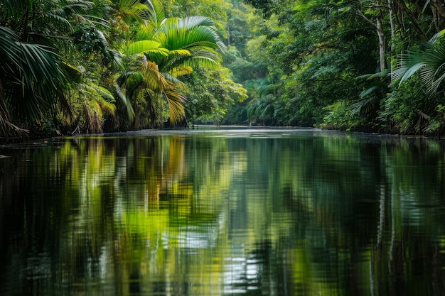 Photo a photo capturing a body of water enclosed by an abundance of vibrant green trees the reflections of a lush rainforest in a calm river ai generated