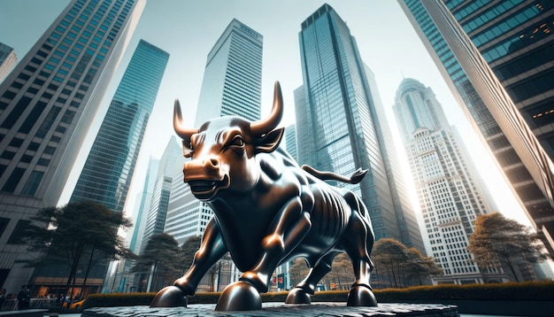 Photo capturing a commanding bull statue in the central area of a bustling financial district Modern skyscrapers rise in the backdrop