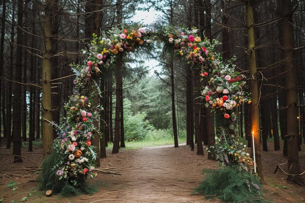 麗な花で飾られた2つのアーチを撮影した写真 魅力的なシーンを作成します 奇妙な花のアーチを備えた魔法の森の結婚式の設定 AIが生成しました