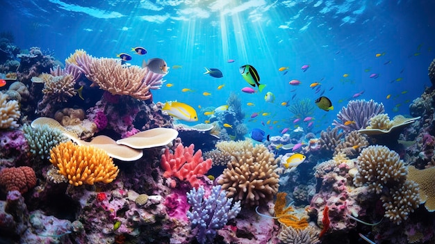 A Photo capturing the gentle movements and vibrant colors of a school of tropical fish in a coral re