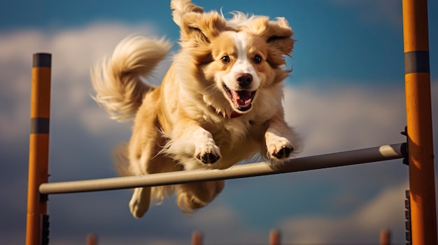 A Photo capturing the hyper detailed motion of a dog leaping over a bar during agility training