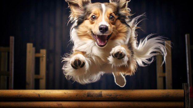 A Photo capturing the hyper detailed motion of a dog leaping over a hurdle