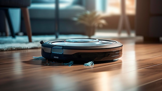 A Photo capturing the hyper detailed shot of a robotic vacuum cleaner or floor mop in action