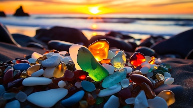 A Photo capturing the intricate details and colors of a collection of sea glass at sunset