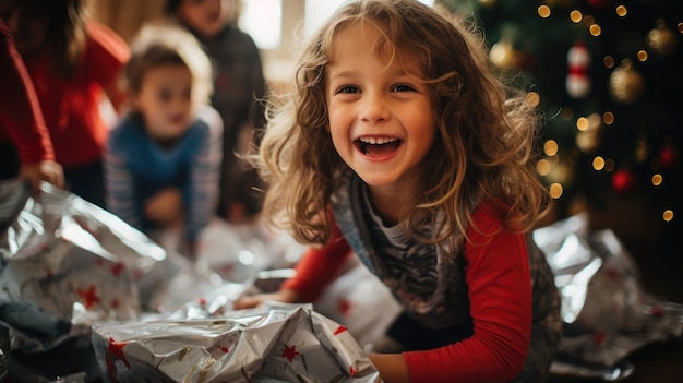 A photo capturing the joyous moment of children unwrapping presents on Christmas morning