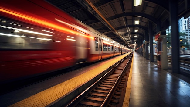 ホームから出発する電車のブレを捉えた写真