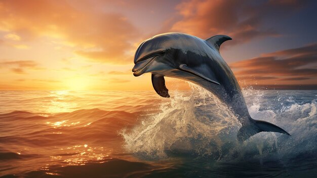 반이는 물 을 배경 으로 한 웅장 한 돌고래 의 강력 한 점프 를 촬영 한 사진
