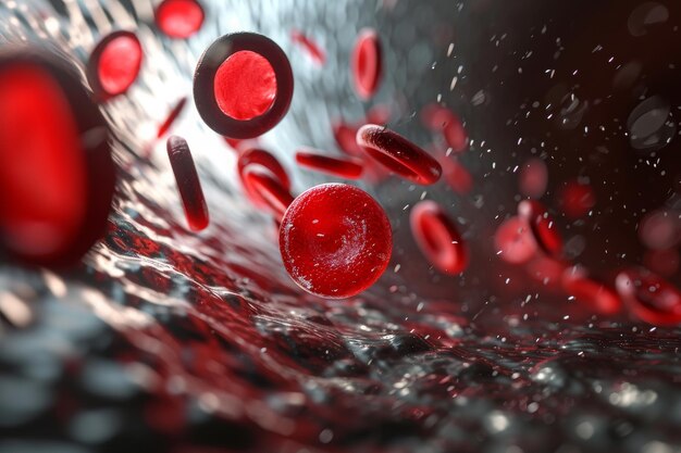 Фотография, изображающая красные и черные объекты, подвешенные в воздухе 3D-модель потока кровяных клеток через человеческую артерию