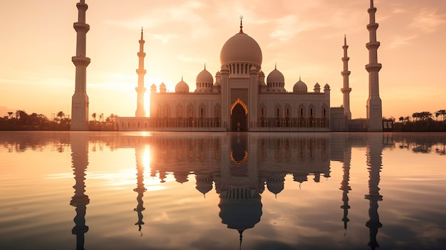 A photo capturing the reflection of a mosque or islamic monument in still water