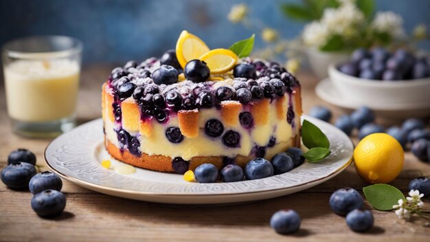 photo capturing the rustic charm of a Blueberry Lemon Cake delicately placed on a wooden surface a