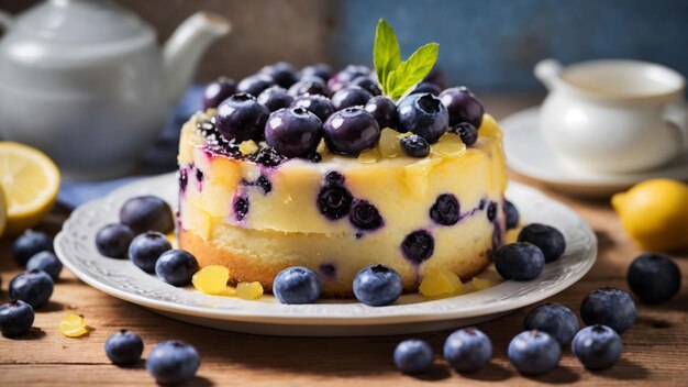Photo photo capturing the rustic charm of a blueberry lemon cake delicately placed on a wooden surface a