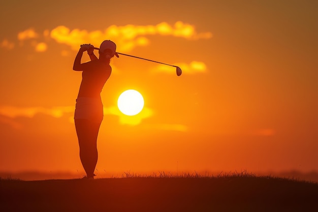 Photo a photo capturing the silhouette of an individual playing golf against the backdrop of a vibrant sunset a lady golfer preparing for a swing against sunrise ai generated