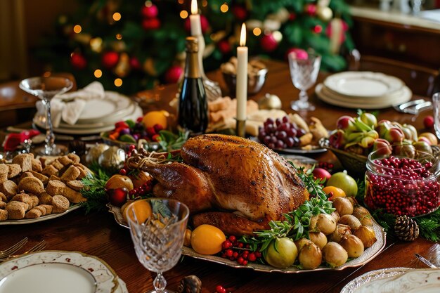 Photo a photo capturing a substantial turkey perched atop a sturdy wooden table a festive holiday feast with all the trimmings ai generated