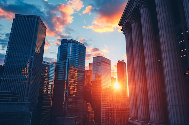 A photo capturing the sun setting over a city illuminating the tall buildings with a warm golden light Banks and banking institutions skyline AI Generated