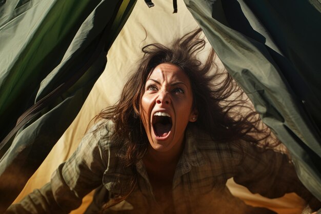 A photo capturing the surprising moment of a woman with her mouth wide open in a tent expressing awe or astonishment Woman screaming in a tent AI Generated