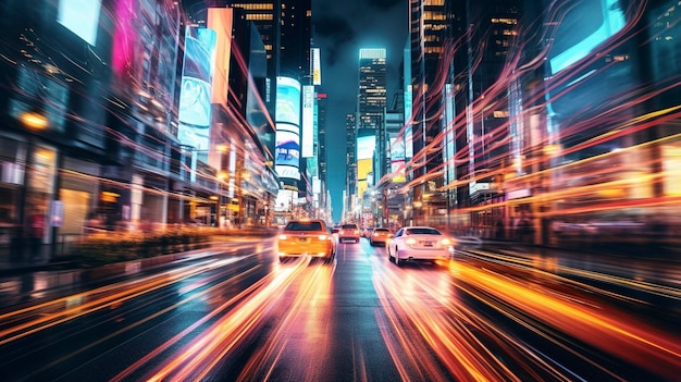 A Photo capturing the vibrant colors and dynamic motion of a city traffic intersection