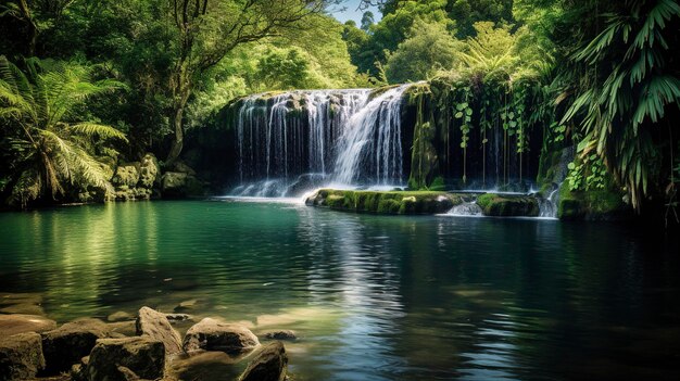 Фото, изображающее яркие цвета и пышную зелень, окружающую водопад