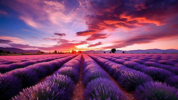 A photo capturing the vibrant colors and patterns of a field of lavender