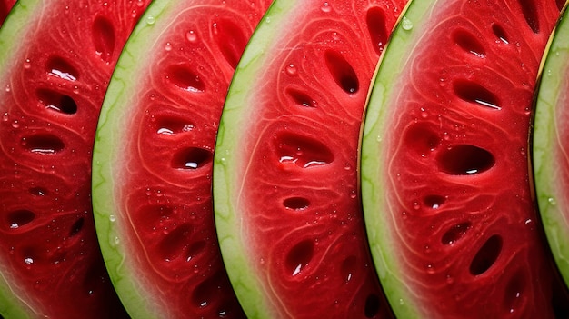 A photo capturing the vibrant colors and patterns of a sliced watermelon