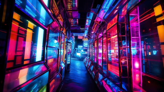 A photo capturing the vibrant colors and shapes of neon lights or led displays