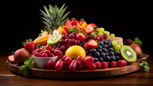 A photo capturing the vibrant colors and shapes of a platter filled with mixed fruit display