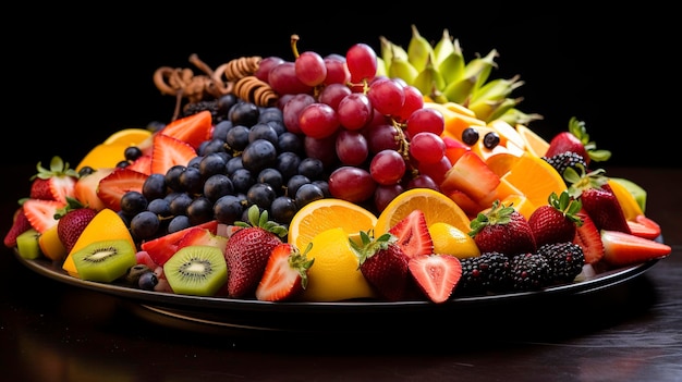 혼합 과일 메들리가 담긴 접시의 생동감 넘치는 색상과 모양을 포착한 사진