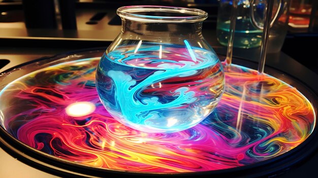 Photo a photo capturing the vibrant colors and swirling patterns of a magnetic stirrer in a lab flask