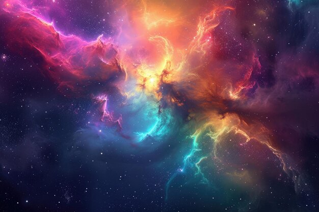 다채로운 별과 구름을 특징으로하는 생생한 우주 장면을 포착하는 사진 우주 예술은 성운 내의 색의 폭발을 보여줍니다.
