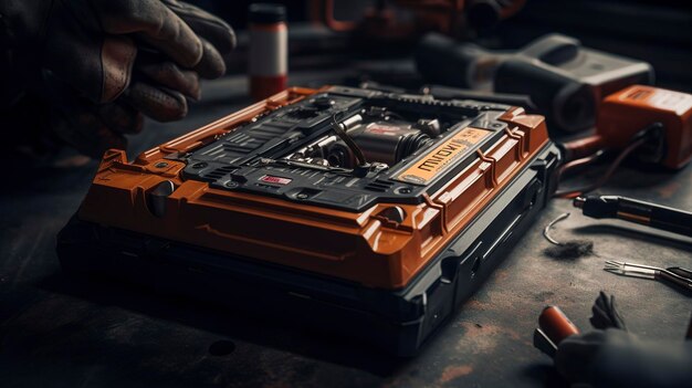 A photo of a car battery replacement in progress