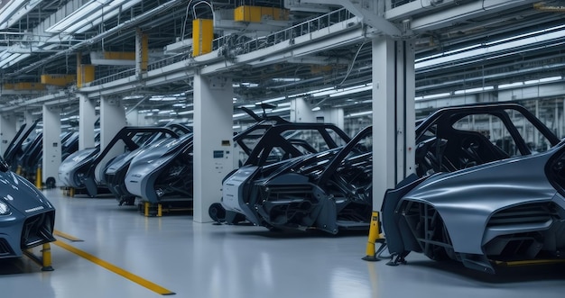 Photo car bodies are on assembly line factory for production of cars modern automotive