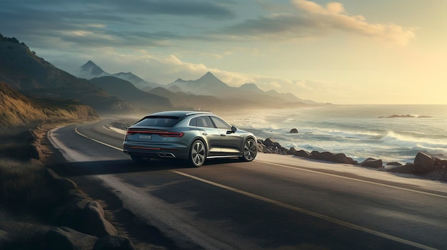 A photo of a car on a coastal road