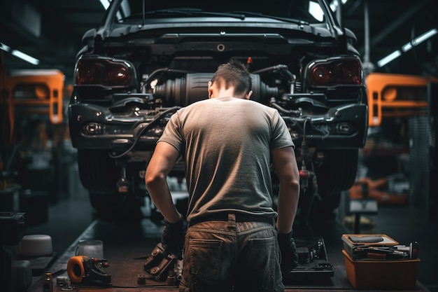 Photo of car mechanic repairing car inside car garage AI generated