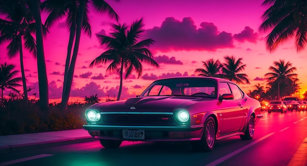 photo of a car in miami on beautiful sunset generated by ai