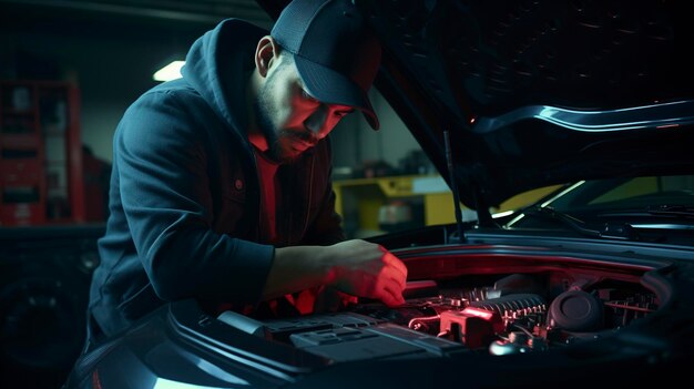 A photo of a car technician using a diagnostic tools