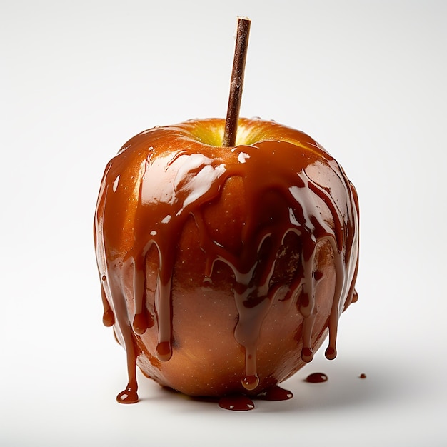 A photo of a caramel apple with a white background