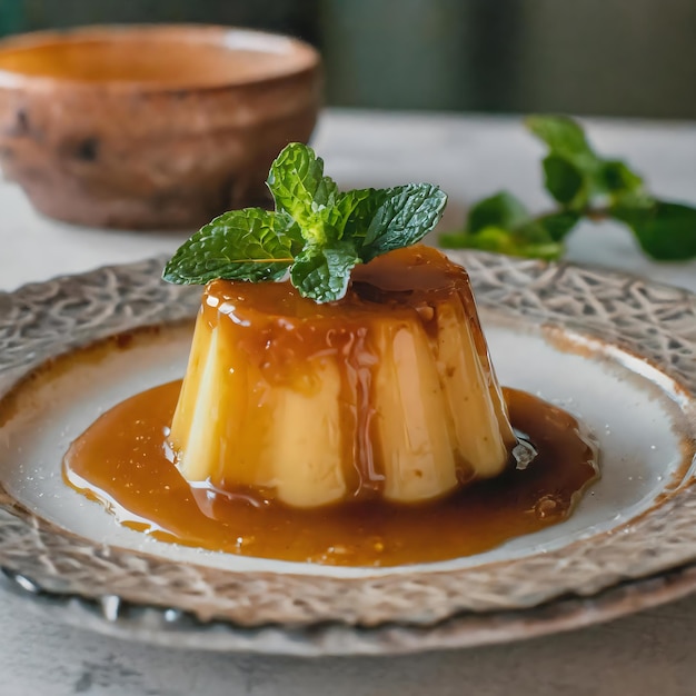 a photo of caramel flan on an individual plate