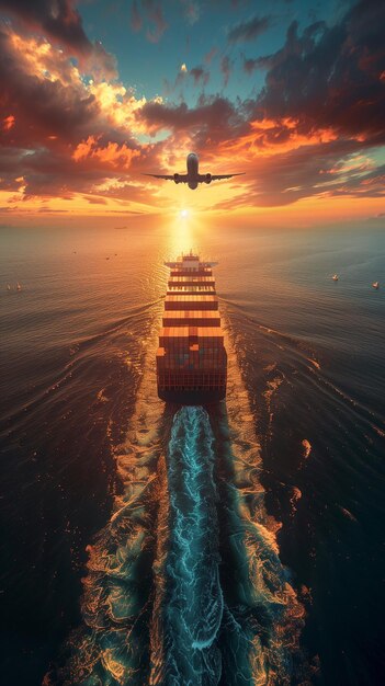 Foto fotografia di una nave da carico con container al tramonto sull'oceano