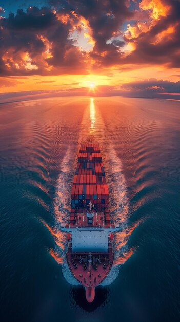 Foto fotografia di una nave da carico con container al tramonto sull'oceano