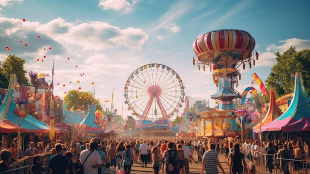 A photo of a carnival with colorful rides bright sunshine