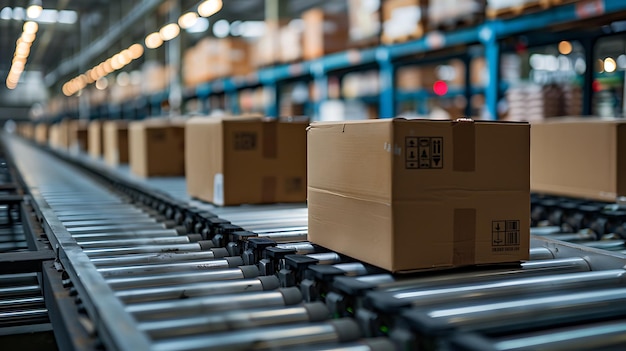 Photo of carton boxes on conveyor belt in warehouse e commerce processed the order depthoffield