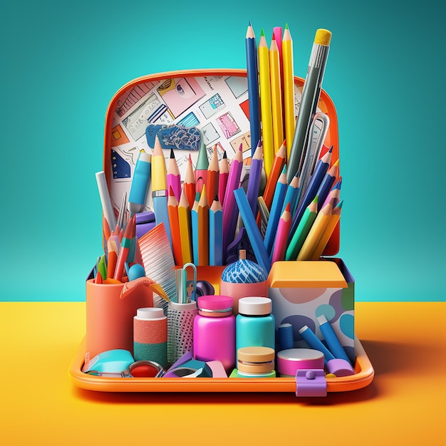 Photo cartoon image of a shiny realistic school supplies with white color background