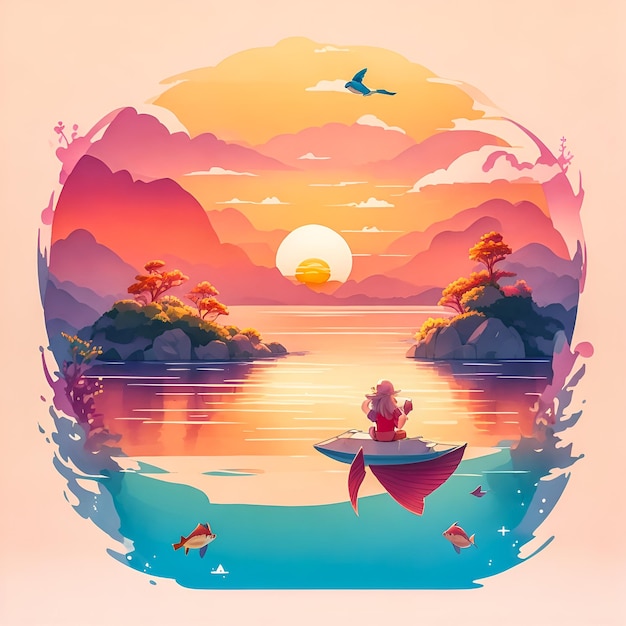 Photo a cartoon scene with a lake and sunset the colorful background