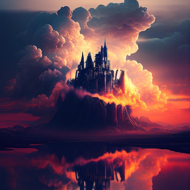 Photo a castle on a mountain with clouds in the background