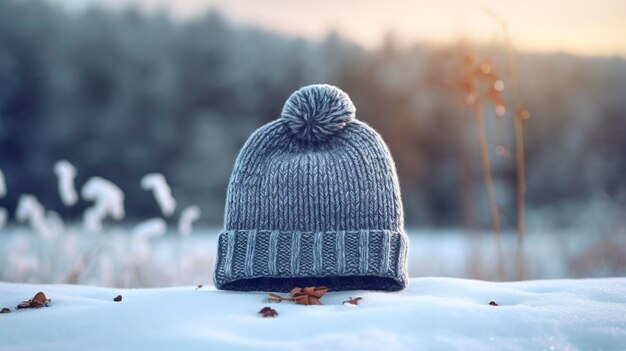 Photo a photo of a casual beanie hat in a winter landscape