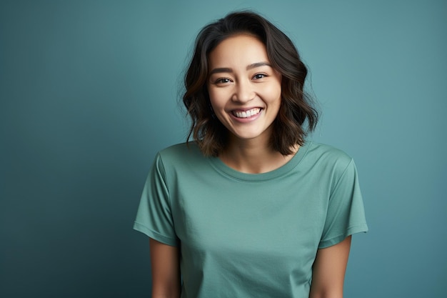 photo casual happiness asian female woman smiling cheerful in green tshirt blue jean relax