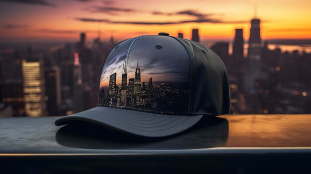 A photo of a casual snapback cap with a city skyline